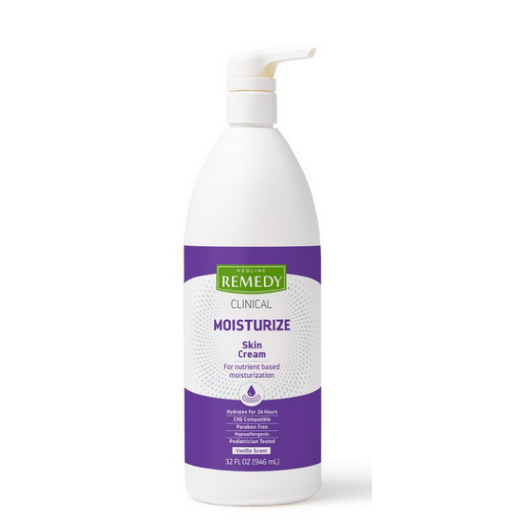 A 32 fl oz (946 mL) white bottle of Medline Remedy Clinical Skin Cream - Full Body Lotion with a pump dispenser and purple label, formulated for nutrient-based, long-lasting hydration.